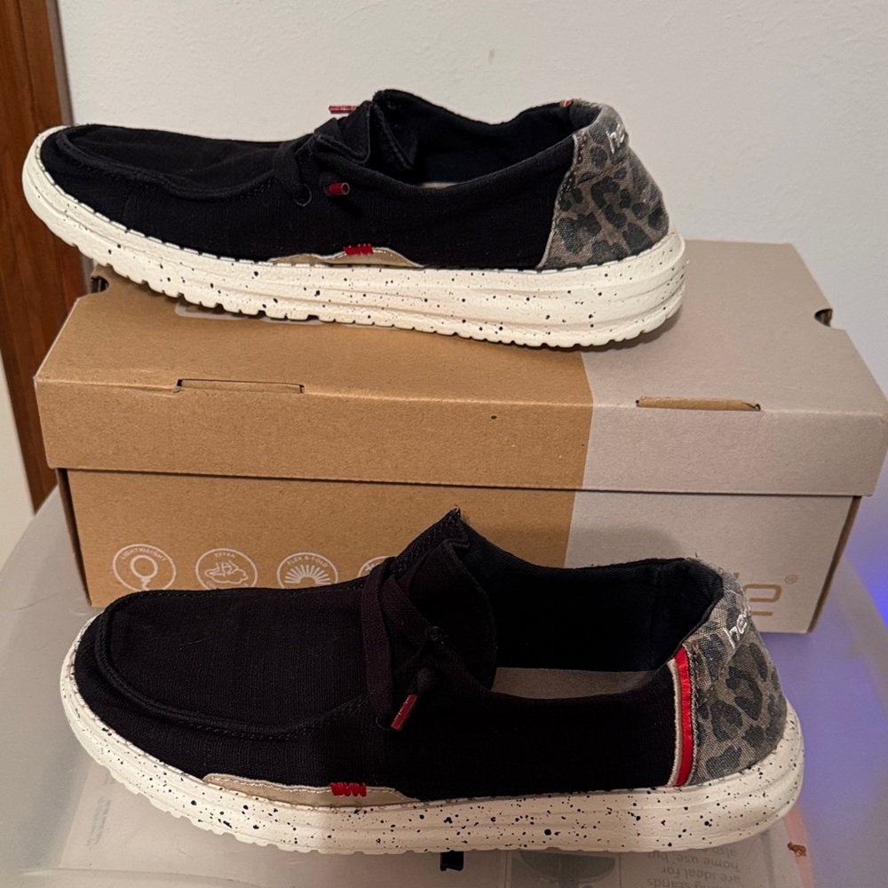 Hey Dude Black and White Flats with Leopard Accent